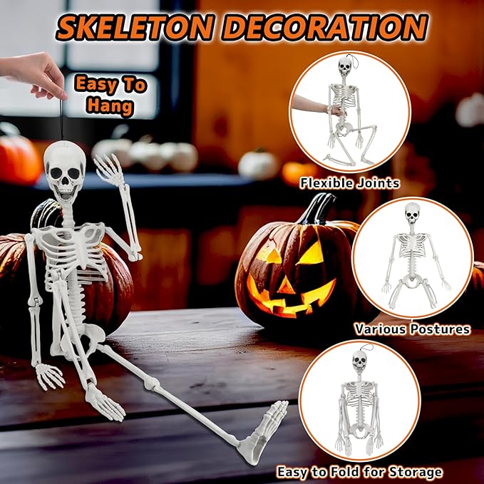 36&#x22; Skeleton Halloween Decor, 3FT Posable Halloween Skeleton Decorations, Realistic Full Body Plastic Skeleton for Halloween Party Decor, Haunted House Graveyard Props Indoor Outdoor Decorations