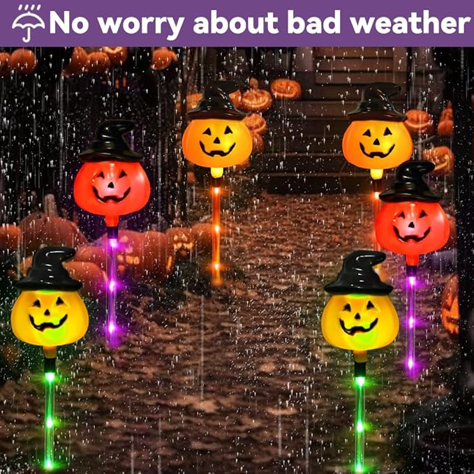 6PCS Halloween Pathway Lights 3 Colors Changing Jack-O-Lantern Markers String Lights for Holiday Home Garden Yard Party Outdoor Decoration