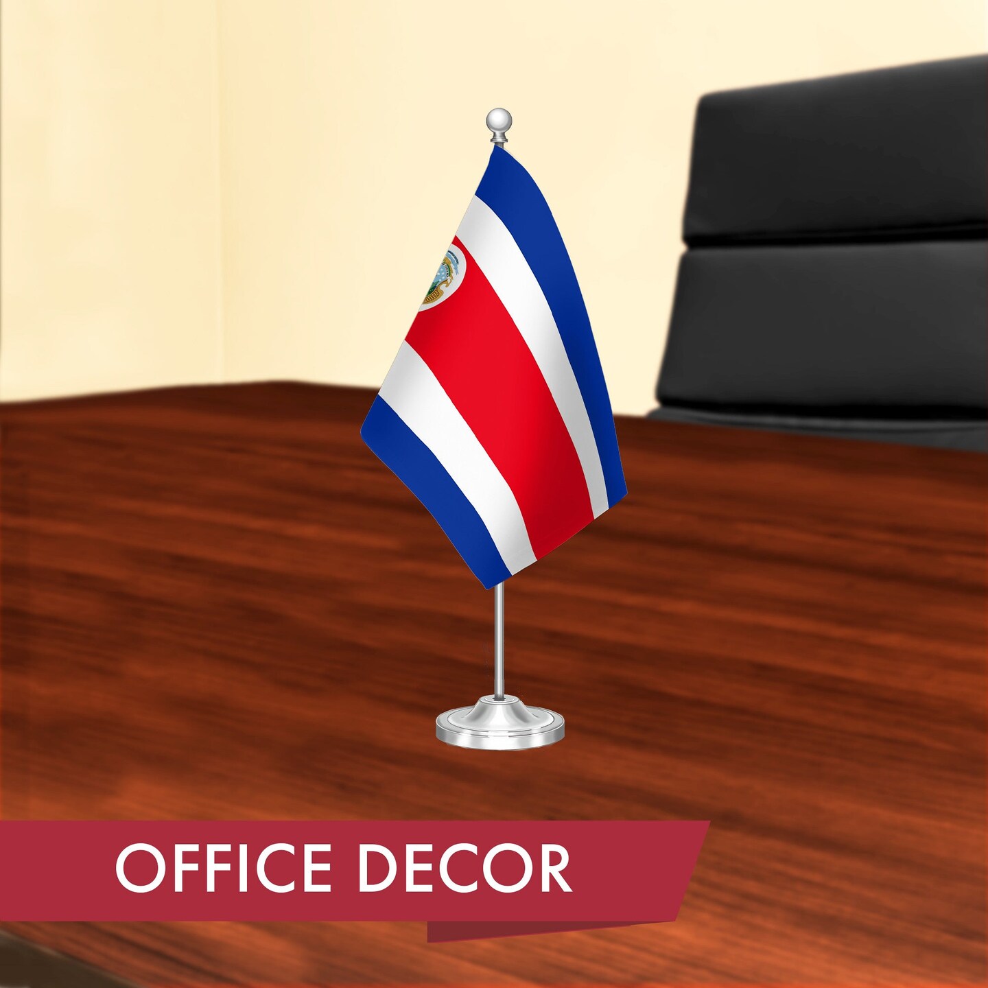 G128 Costa Rica Costa Rican Deluxe Desk Flag Set | 8.5x5.5 In | Printed 300D Polyester, with Silver Dome and Base, 15&#x22; Metal Pole, Decorations For Office, Home and Festival Events Celebration