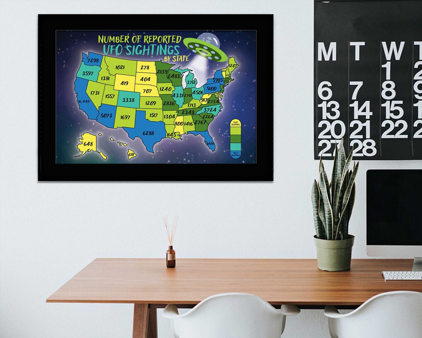 UFO Sightings Map Alien Art Print Flying Saucer UFO Wall Art Paranormal Extraterrestrial UFO Decor Ufologist Great Gift United States Map product 5