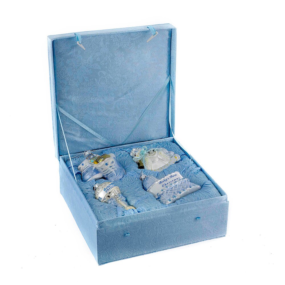 4&#x22; Noble Gems&#x2122; Baby Boy Glass Ornament Set  4-Piece Boxed Christmas Decoration