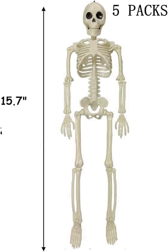 5 Pack Skeletons Halloween Decorations, 16&#x22; Plastic Full Body Posable Skeleton with Movable Joints, Small Hanging Skeleton for Halloween Outdoor Indoor Party Decor Haunted House Graveyard