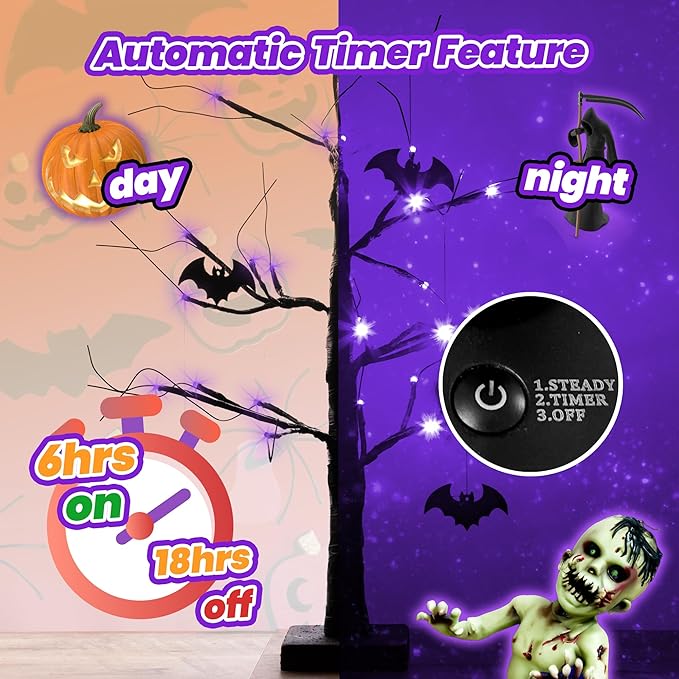 Tabletop Halloween Black Tree with Timer for Lighted Halloween Decorations Indoor Home Mantel Holiday Party Light up Halloween Decor (Purple 2 PK)