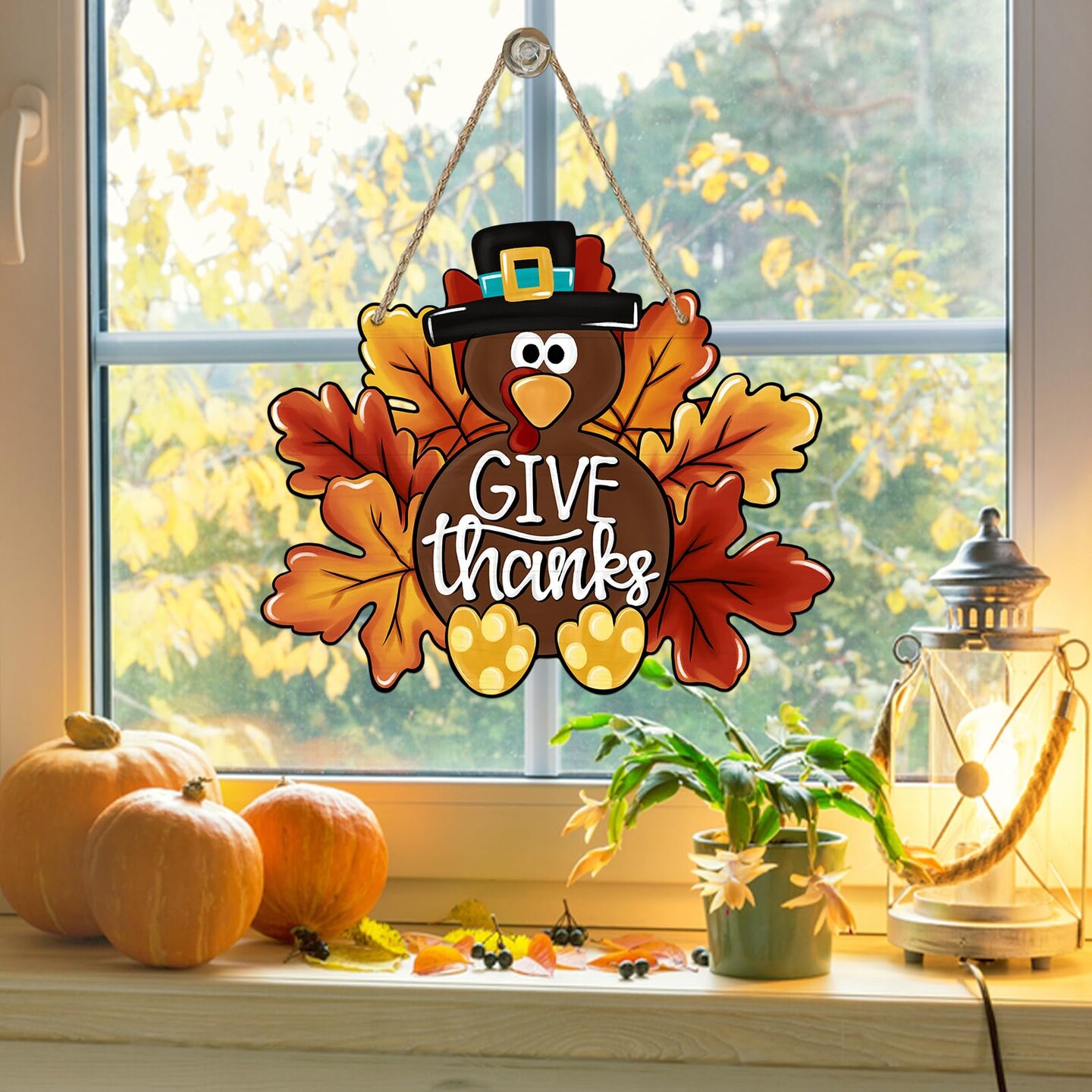 Deroro Give Thanks Sign Turkey Front Door Decor Thanksgiving Day Wood Door Hanger, Fall Wooden Thankful Wreath Hanging Decoration for Outdoor Outside Porch