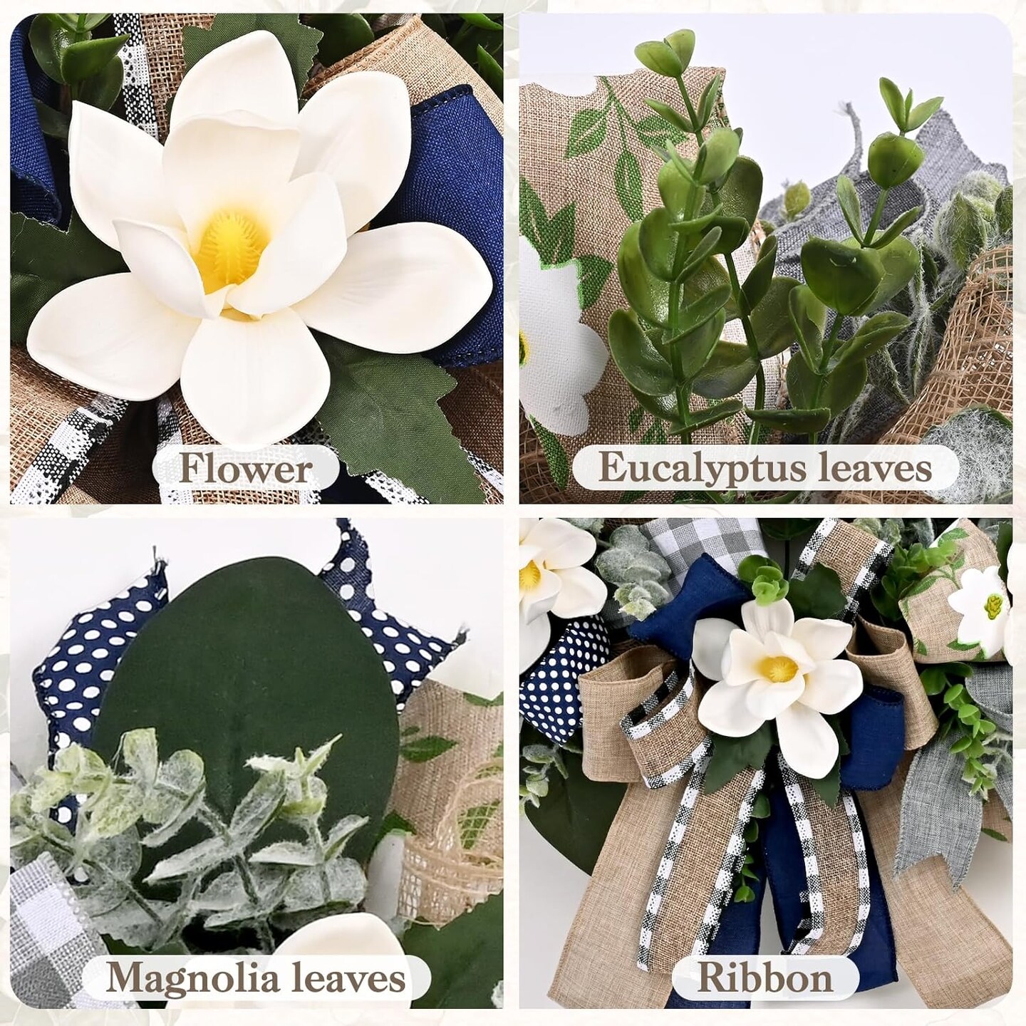 22" Magnolia Spring & Summer Wreath – Front Door, Porch & Wall Decor with Eucalyptus, Blue-Grey Burlap Bow, Year-Round Farmhouse Home Decoration