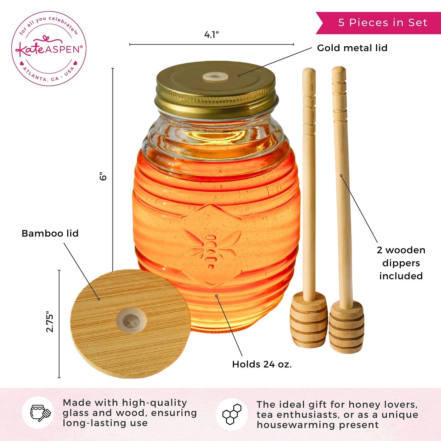 Honey Bee Glass Honey Jar with Dippers | Baby Shower Favor & Decor