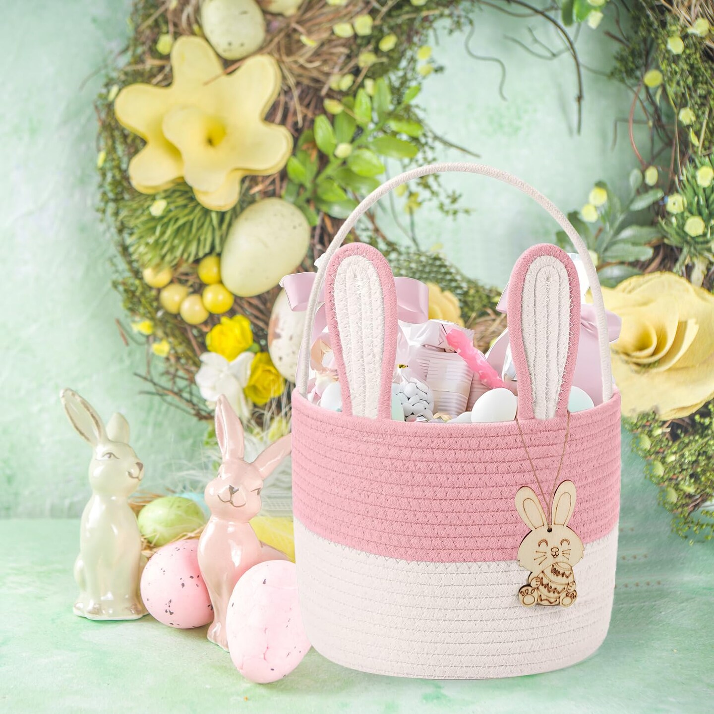 Easter Bunny Basket for Kids – Woven Cotton Rope Gift Basket with 3D Bunny & Wooden Pendant – Pink, Ideal for Toddlers, Boys & Girls