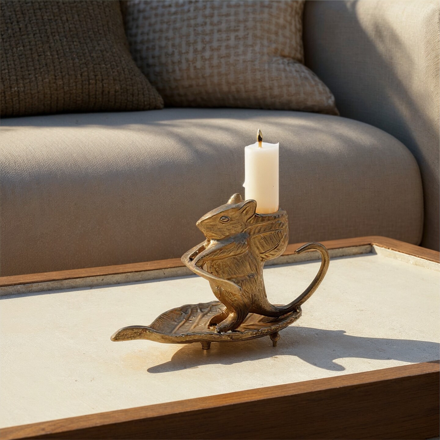 Hello Honey Mouse-on-Leaf Cast Metal Taper Holder, Antique Gold