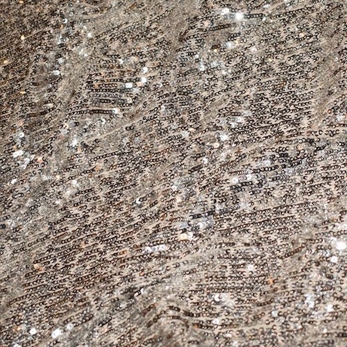 Metallic Silver/Beige Famous Designer Sequined Mesh Fabric By the Yard