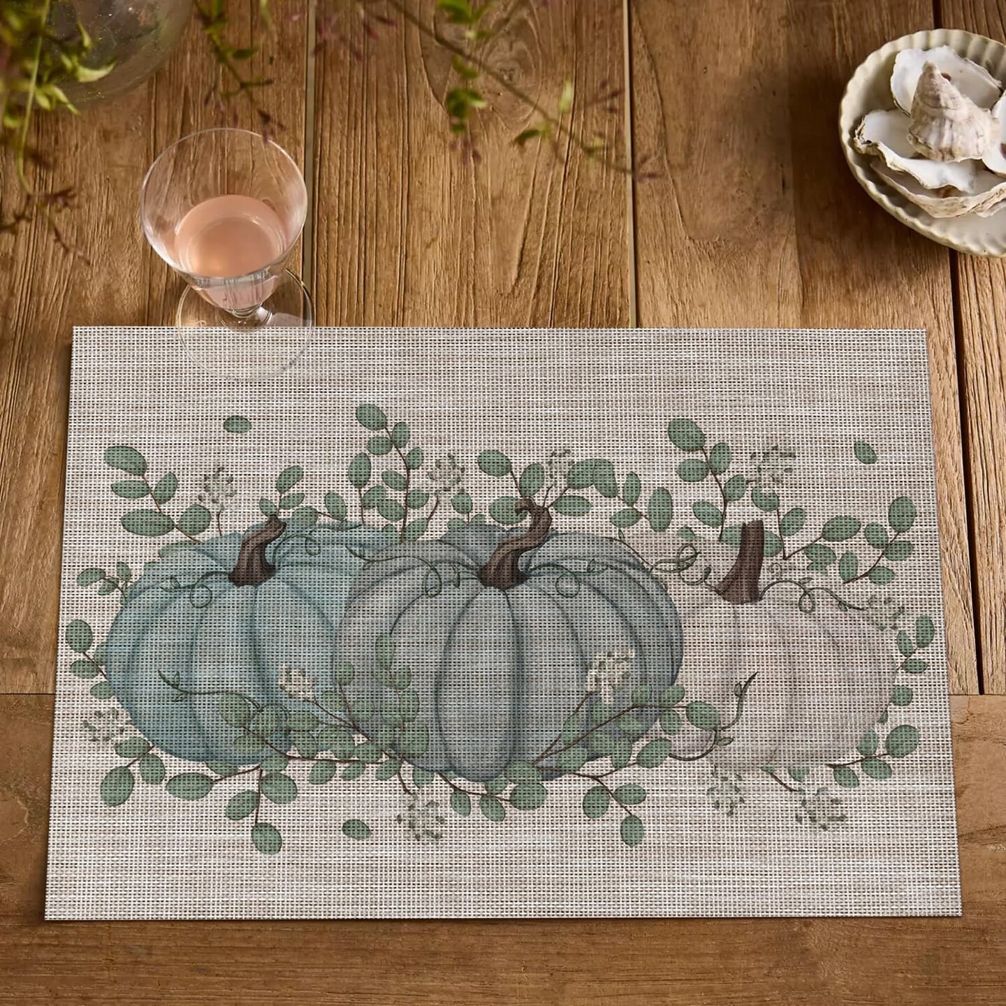Set of 4 Pumpkin Leaves Fall Vinyl Placemats - 12" x 18" (Blue)