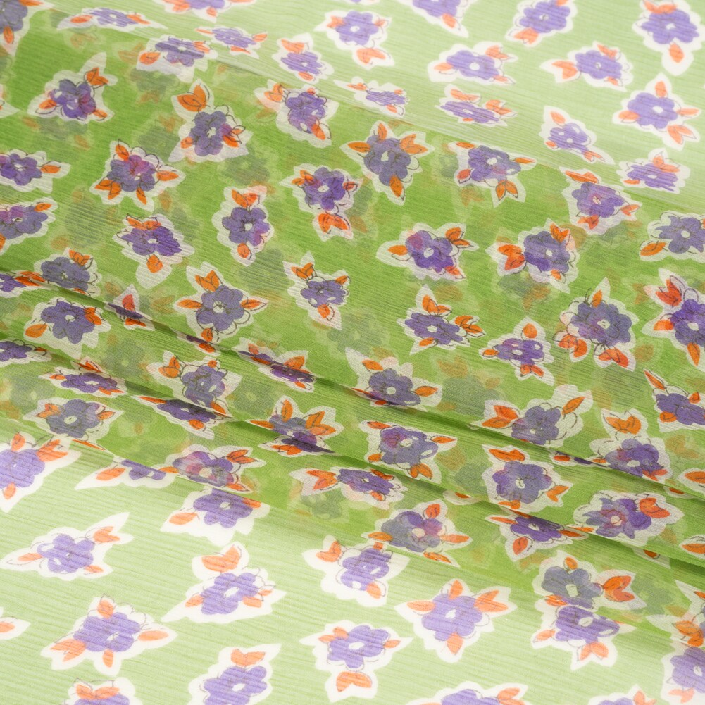 1 Yard Green, Purple & Orange Little Flowers Crinkled Silk Chiffon Playful Design, 54 Inches Wide