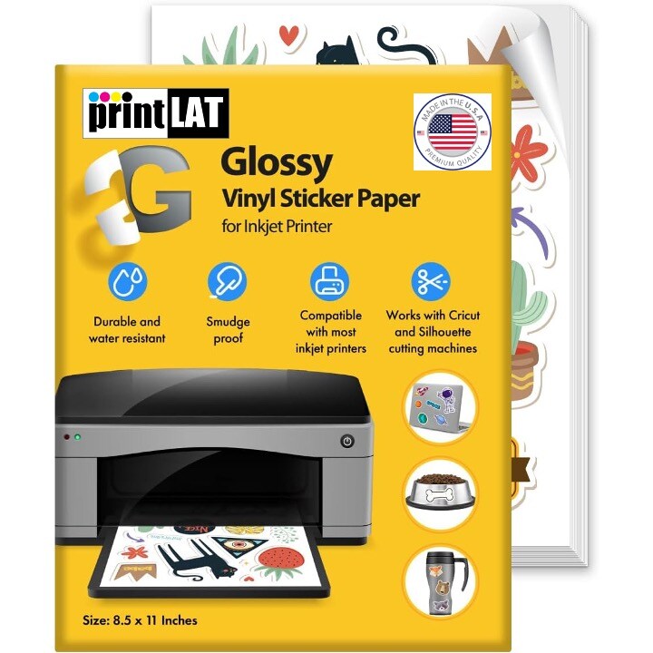 Vinyl Sticker Paper, Glossy Printable Vinyl Sticker Paper for Inkjet Printer, Quick-Drying, Water and Scratch-Resistant, Self-Adhesive for Most Surfaces, 8.5 x 11 Inches