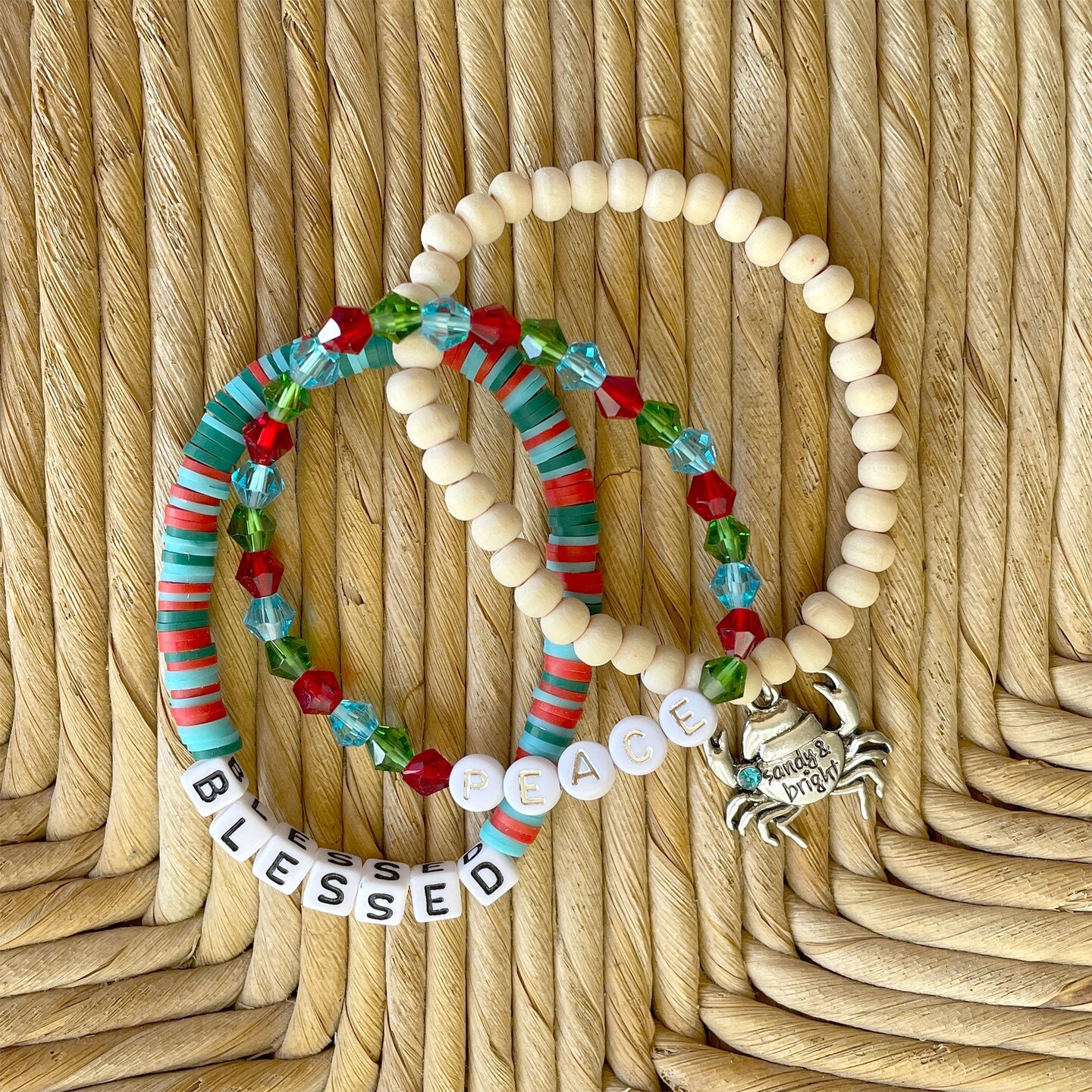 Peace and Blessed Coastal Christmas Stretch Word Bracelets