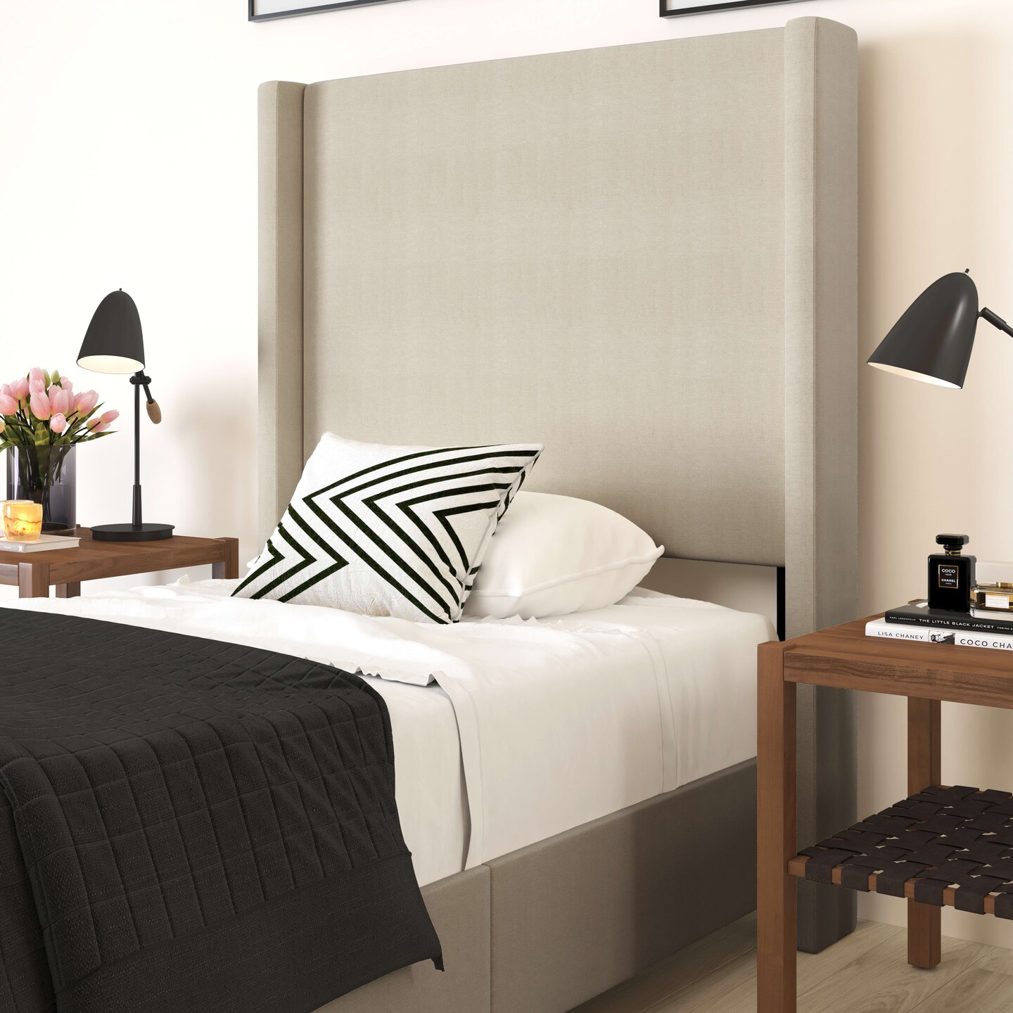 Merrick Lane Bramlett Modern Platform Bed - Gray Faux Linen - Queen - Padded Wingback Headboard - 6&#x22; Floor Clearance - Wood Support Slats - No Box Spring Needed