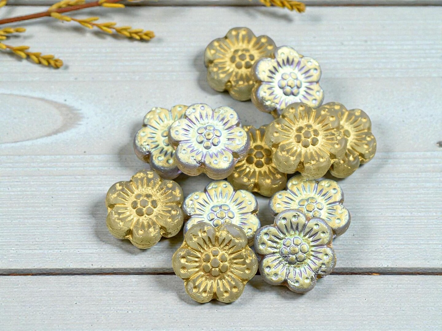 *12* 14mm 1/2 AB Gold Washed Matte Crystal Wildflower Beads