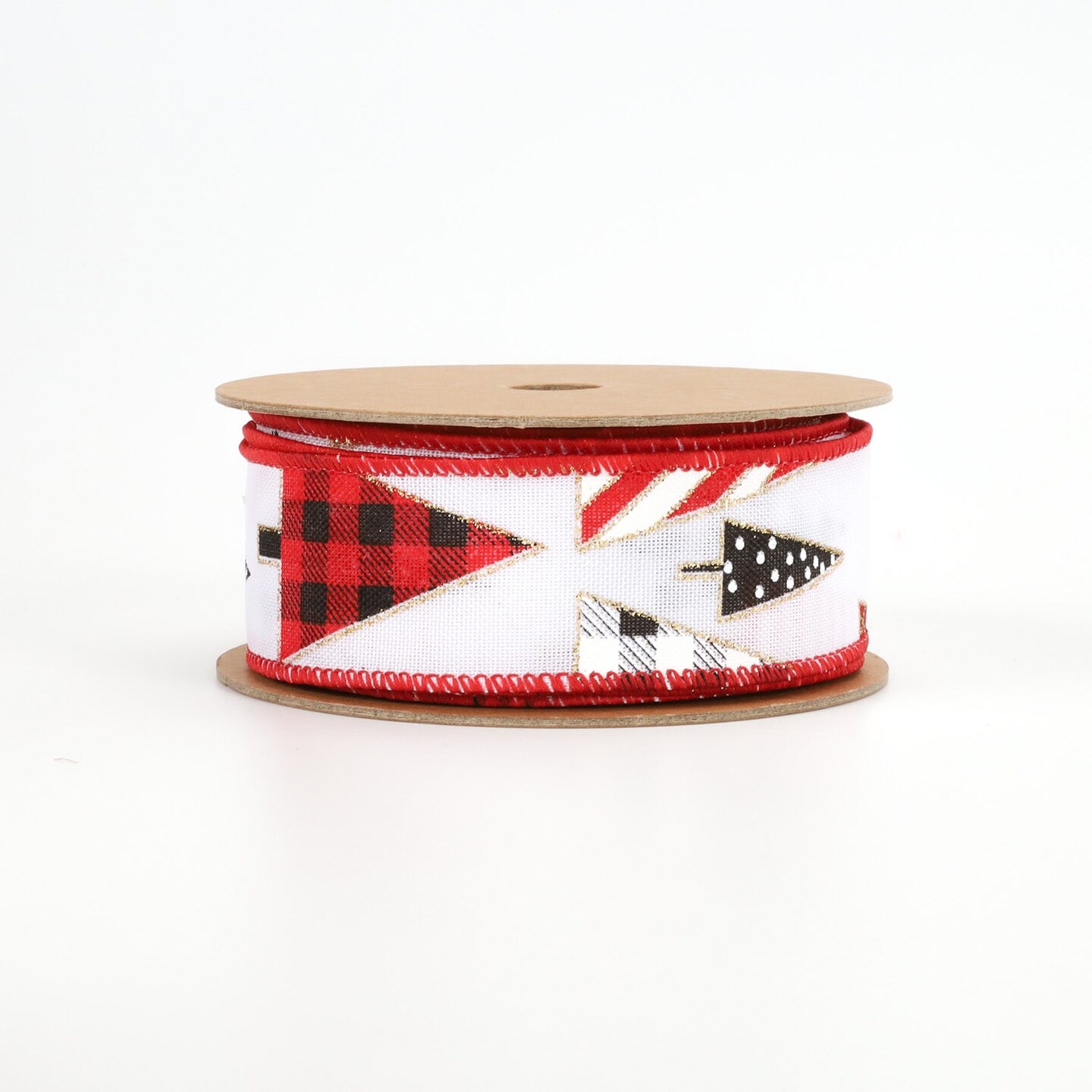 LaRibbons 1 1/2&#x22; Wired Ribbon | &#x22;Geometric Trees&#x22; White/Black/Red | 10 Yard Roll