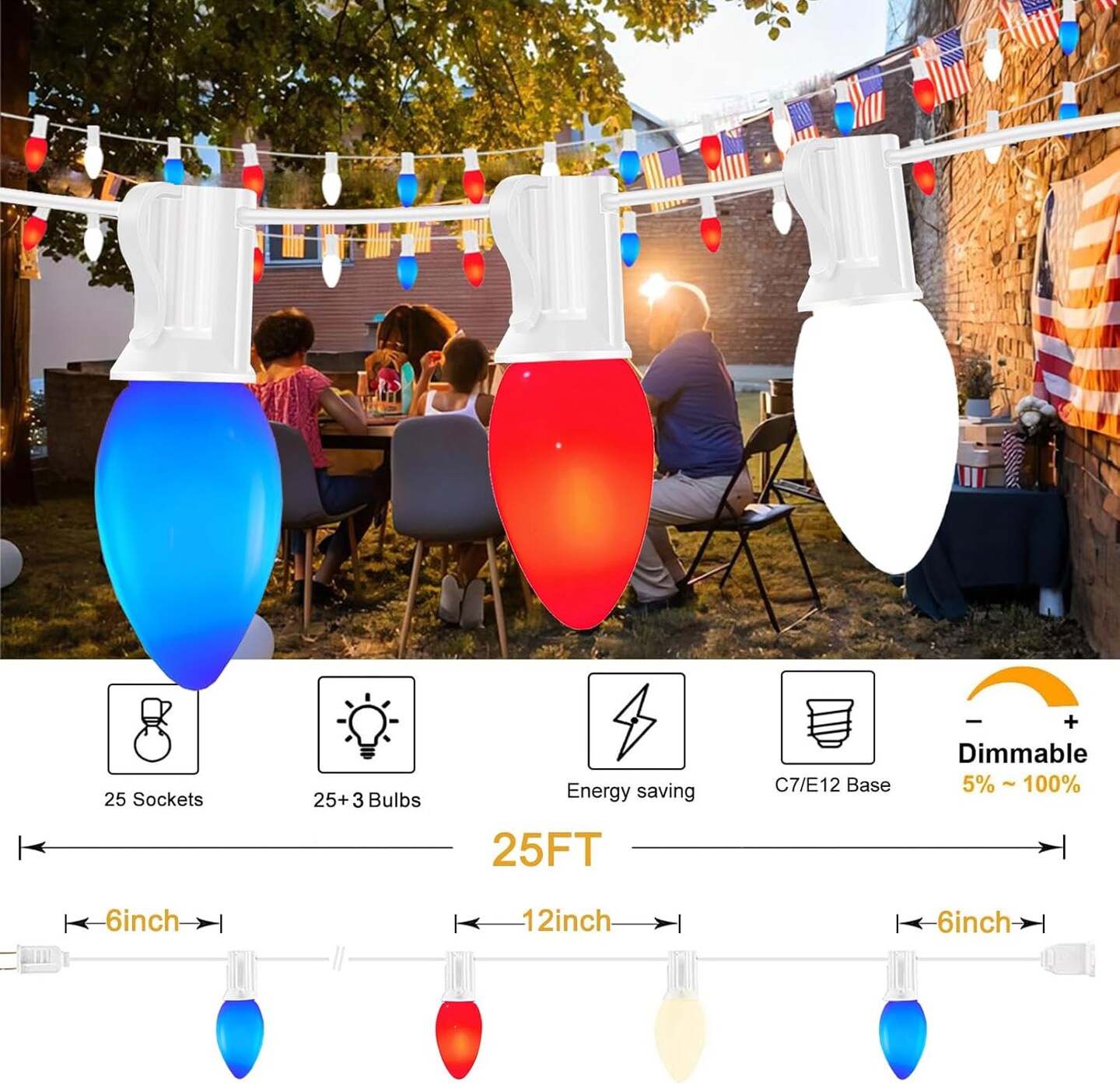 4th of July Outdoor Lights,25FT C7 LED Red White and Blue String Lights with 28 Bulbs(3 Spare),Patriotic Decorations Light for Memorial Day Independence Day Garden Backyard Decorations
