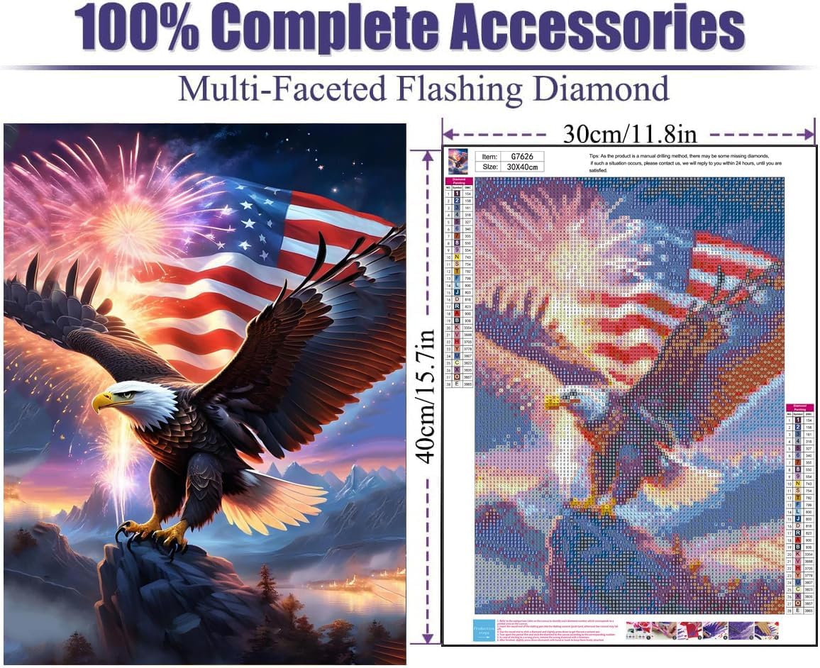 4th of July Diamond Painting Kits for Adults,Independence Day American Eagles Diamond Art Kits for Beginner.Round Full Drills Diamond Dots Gem Art for Holiday Gifts and Home Wall Decor 12X16 Inch