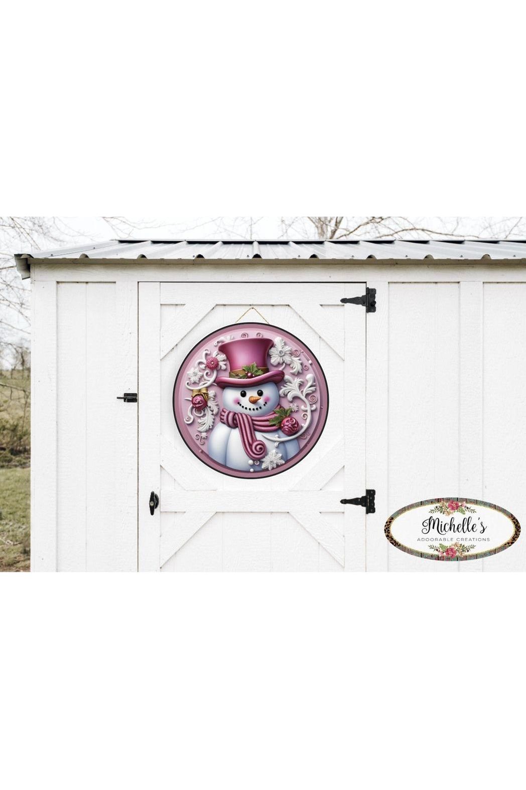 Pink Snowman Top Hat Round Sign - Wreath Enhancement