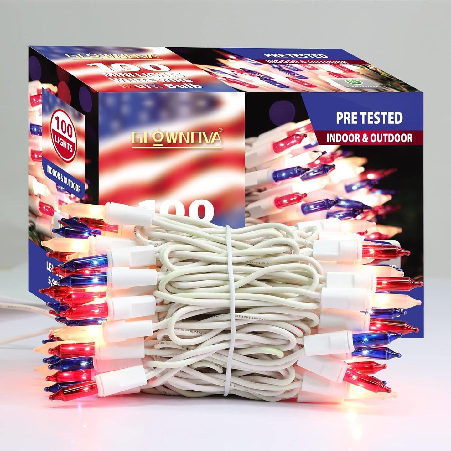 Patriotic String Lights, 100 Count 19.6 FT July 4th Mini White Wire Fairy Lights, 120V UL Certified Connectable Incandescent Independence Day