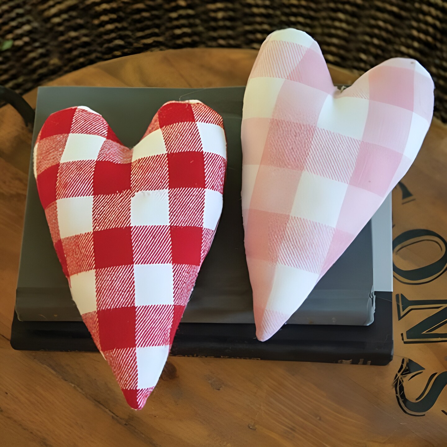 Set of 2 Buffalo Check Heart Pillows for Holiday or Year-Round Decor