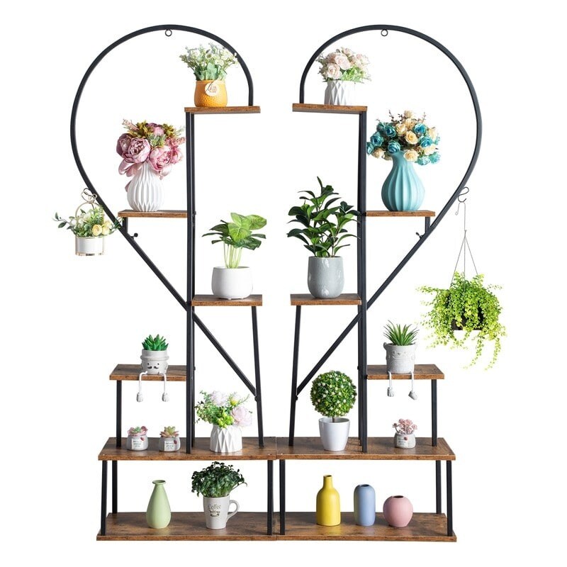 2-Pieces 6-Tier Half Heart Ironwood Plant Stand