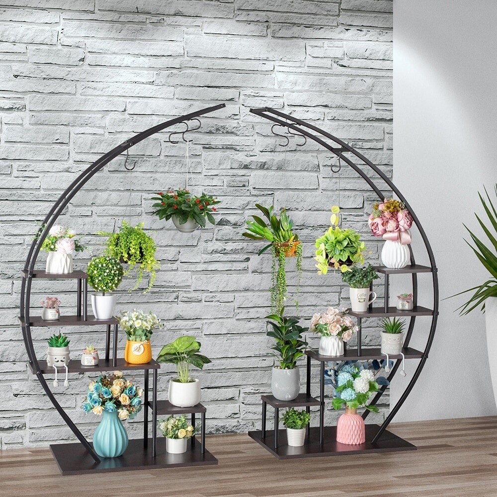 2-Pieces 5-Tier Semicircle Ironwood Plant Stand