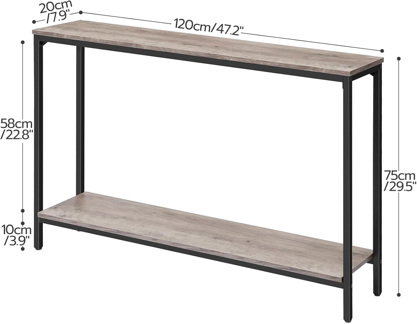 Greige Black Metal Console Table with Double Shelf Sofa Stand