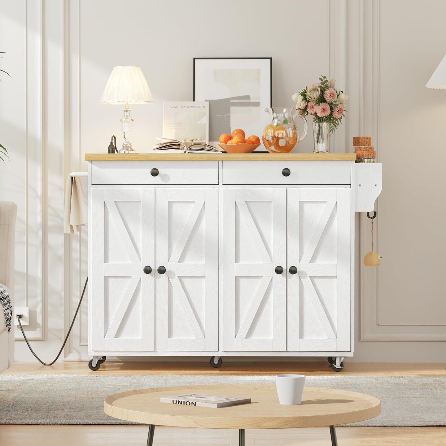 White Particleboard and Metal Kitchen Rolling Island with Drawers, Cabinets and Charging Station