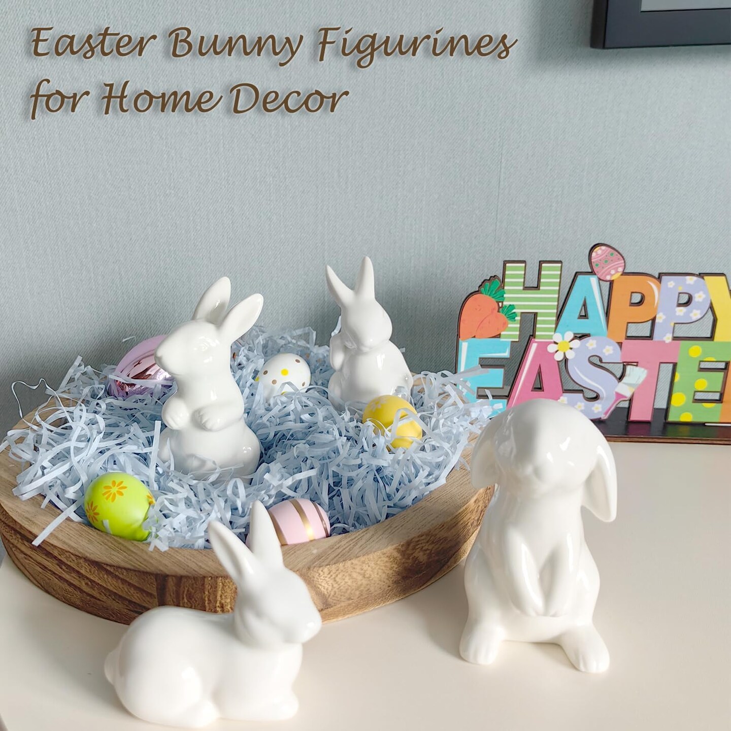 Easter Bunny Decor, 4 Pcs Glossy White Ceramic Bunny Figurines Spring Home Gifts Table Centerpiece Arts Crafts Decorations