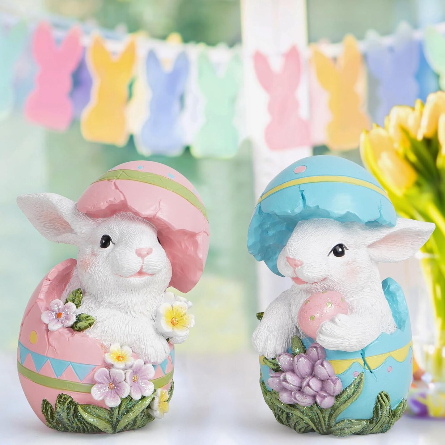 Easter Bunny Decorations Spring Easter Egg/Cup Bunny Indoor Home Decor Farmhouse Country Style Flowers Bunny Figurines (2pcs Easter Egg Rabbit Color 1)