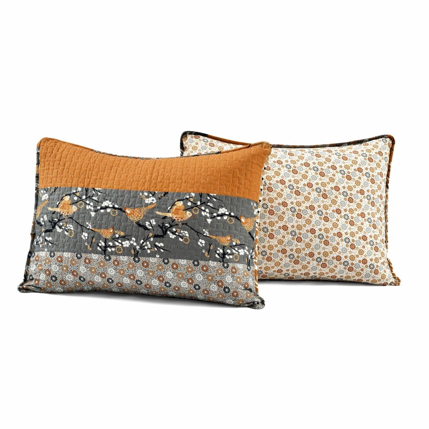 Orange-Grey Cotton Reversible 3-Piece Quilt Set with Floral Bird Design