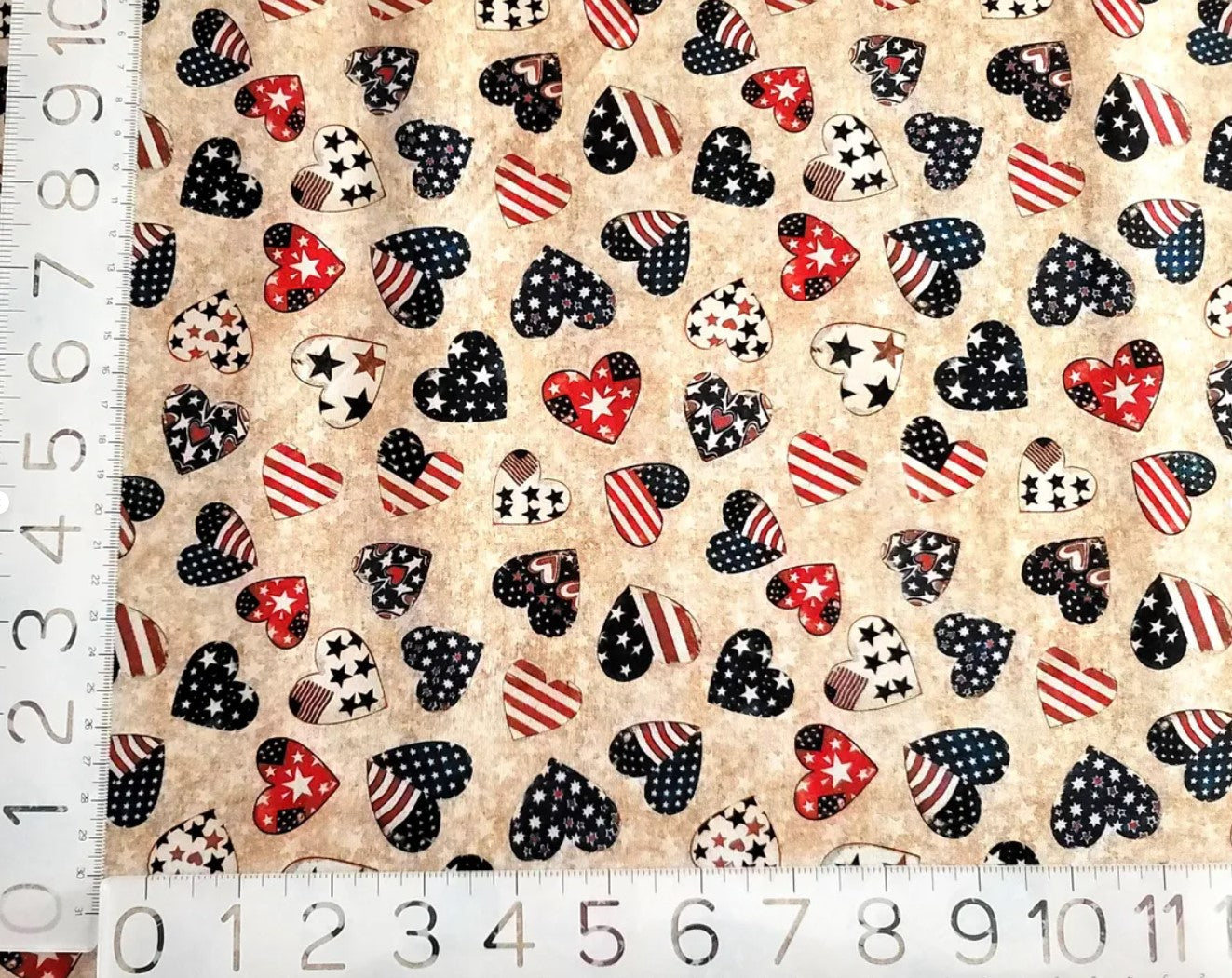 Patriotic Flag Hearts on Cream Digital Print 100% Cotton Price per Yard