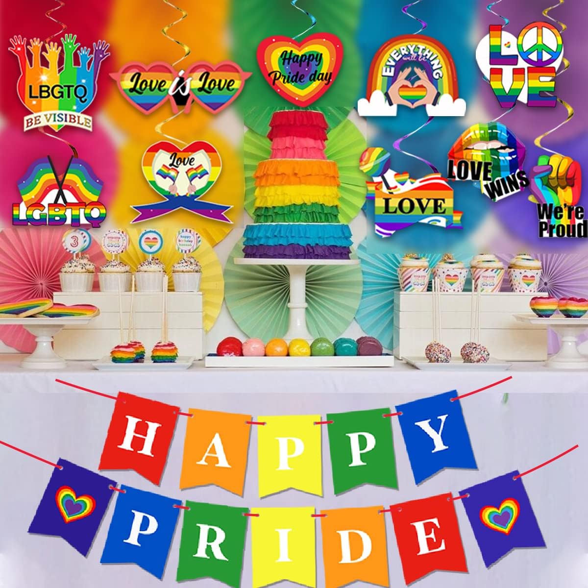 Gay Pride Day Supplies-Love is Love Hanging Swirls Decoration,Happy Pride Day Banner for LGBTQ Month Ceiling Decoration