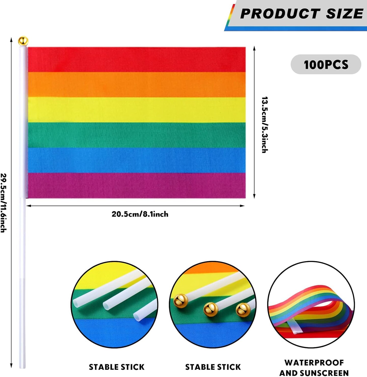 100 Pack Rainbow Pride Flag Small Mini Flags Handheld American Rainbow Stick Flag Party Decorations Supplies for Holiday Outdoor Accessory For Gay and Girl Flags, 5.5 x 8.2 Inches