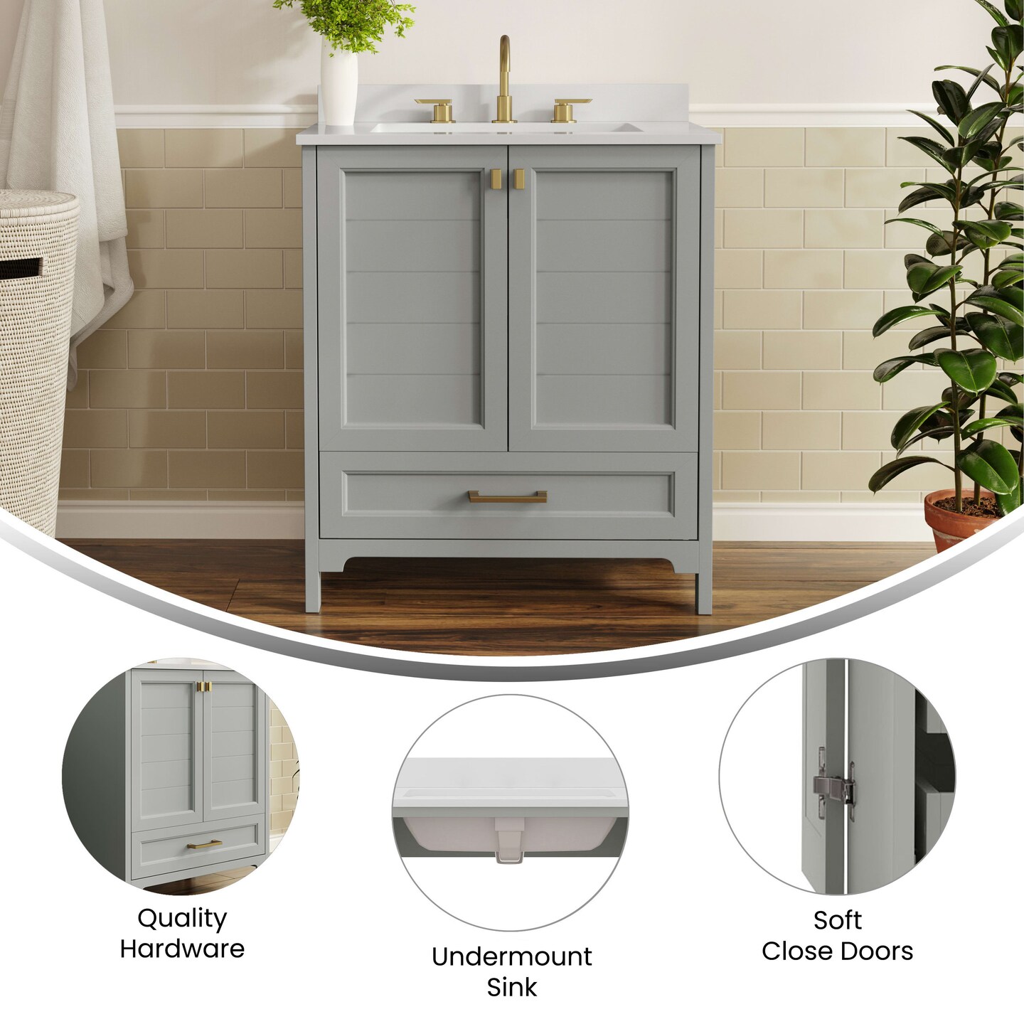 Merrick Lane Argos Single Sink Bathroom Vanity with Undermount Basin, Soft-Close Cabinet, Easy-Glide Drawer, and Carrara Marble Finish Countertop