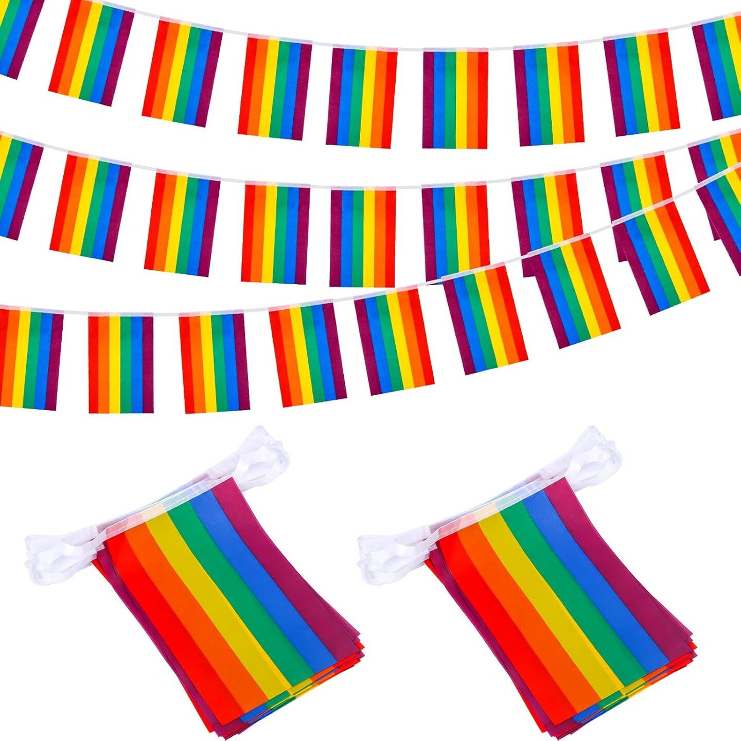 64 Pcs Pride Rainbow Gay Flag Banners 66 ft LGBTQ Banner Bunting Rainbow String Flags Pride Decoration