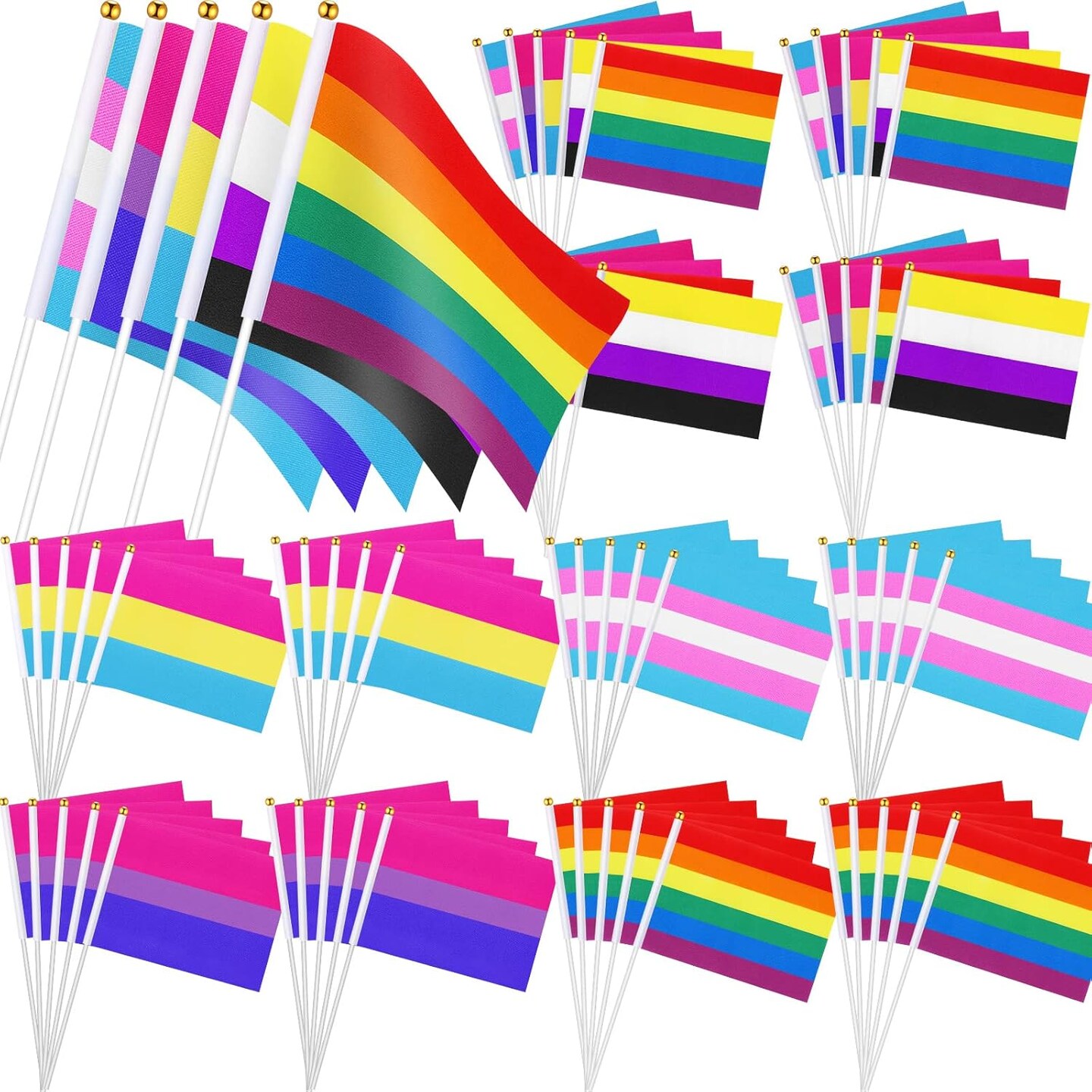 110 Pack Small Pride Flag Rainbow Mini Flags with Sticks Set, Nonbinary Gender Bisexual Pansexual Transgender Gay Rainbow Hand Flags for Nonbinary LGBTQ Pride Month Party Parade Decorations