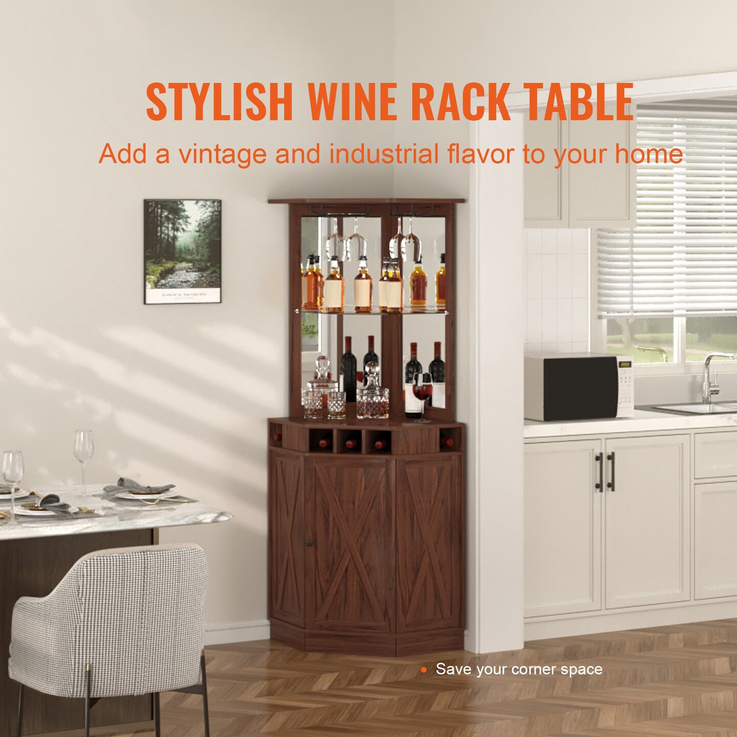 Black Walnut Corner Bar Cabinet with Adjustable Shelves and Wine Glass Holder