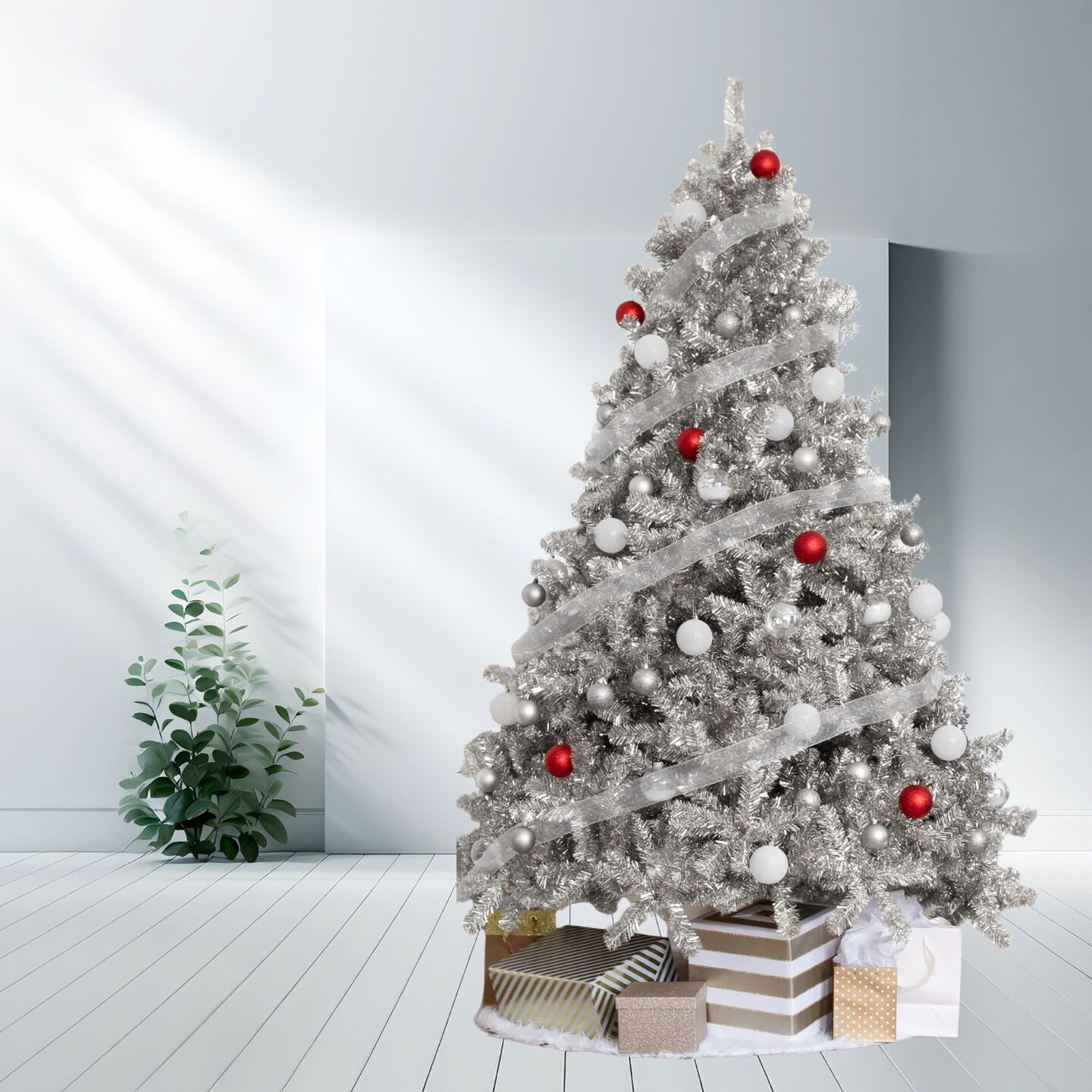 7.5 ft Full Bodied Metallic Silver Tinsel Christmas Tree with Metal Stand