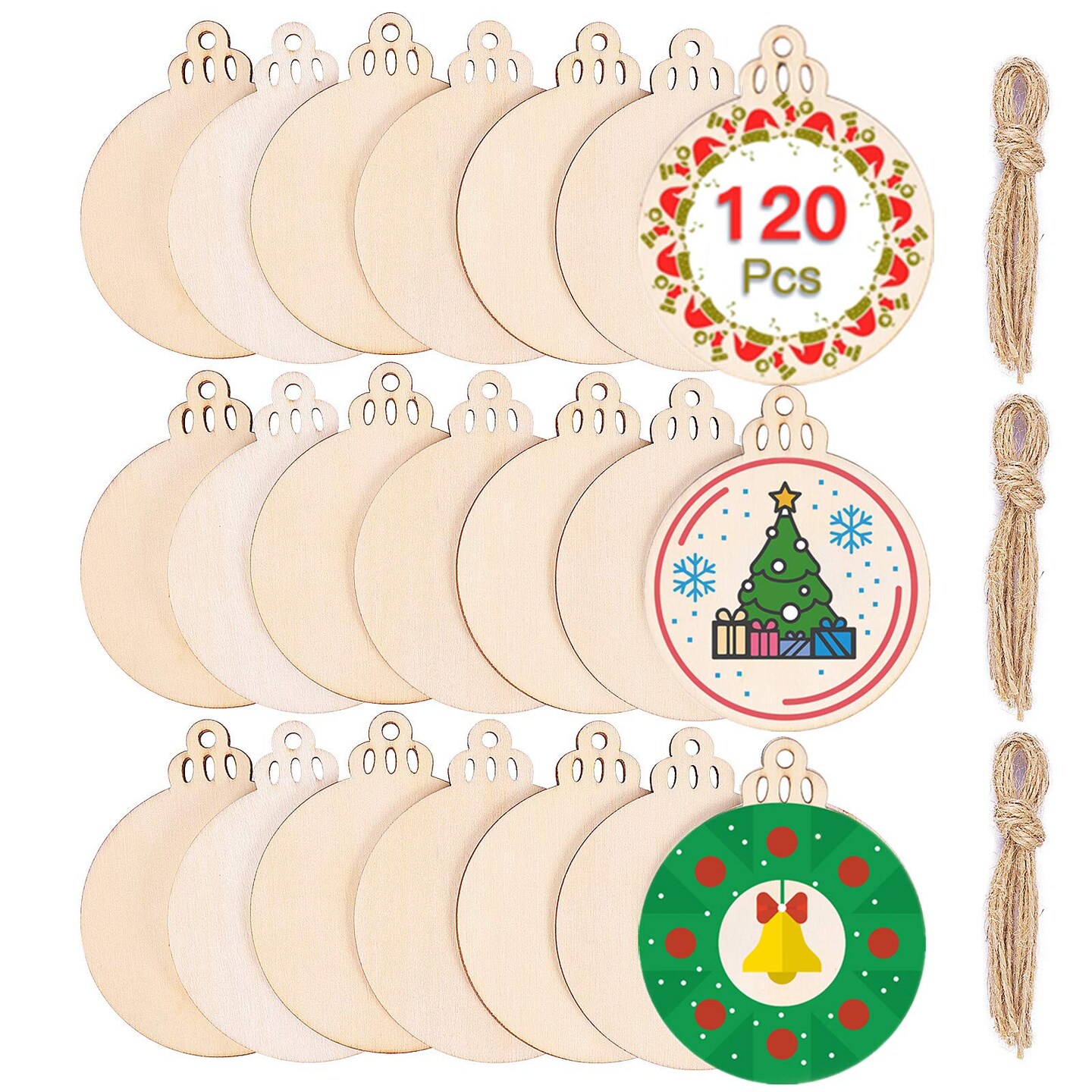 120Pcs Wood Slices 3.5" Wooden DIY Christmas Ornaments Unfinished Predrilled Wood Circles for Crafts Centerpieces Round Wooden Discs Hanging Decorations