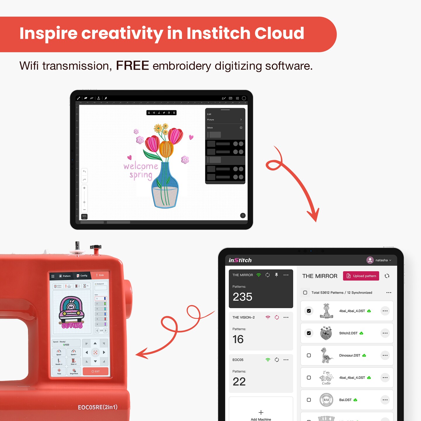 POOLIN EOC05RE(2in1) Sewing &#x26; Embroidery Machine Computerized 9.2x4in Large Area with 7in Big LCD Touchscreen Wifi Availabable with Starter Kit 207 stitches &#x26;156 built-in patterns Multi-functions for Business and Christmas Gift