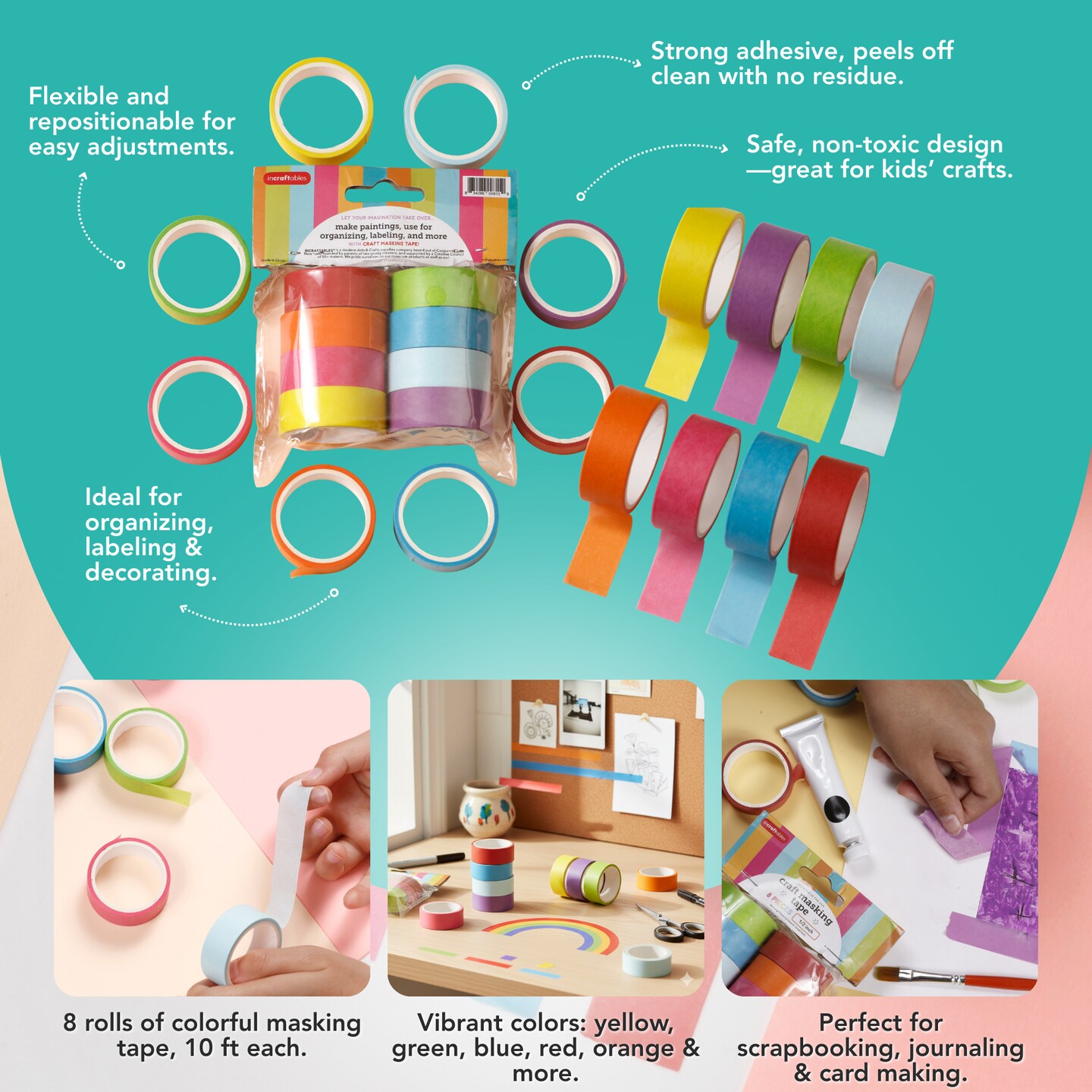 Incraftables Colored Masking Tape (8 Colors). Assorted Colorful Craft Tape 10 Feet x ½ Inch Rolls. Rainbow Colored Painters Tape. Multi-Color Masking Tape for Arts & Crafts, Labeling, KIds & Teachers