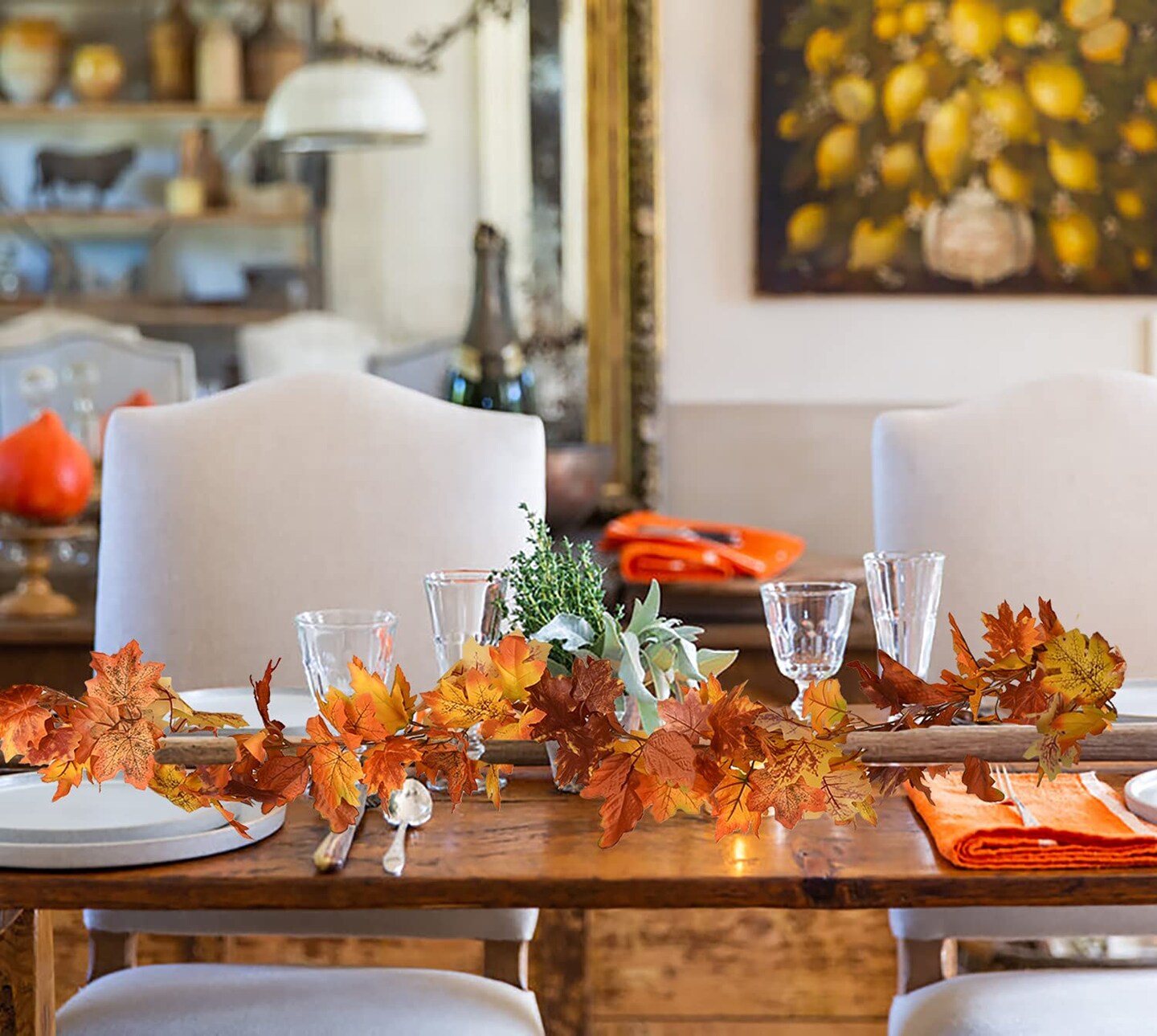 DearHouse 2 Pack Fall Maple Leaf Garland - 5.9Ft/Piece Hanging Vine Artificial Autumn Foliage for Thanksgiving, Home, Wedding, Fireplace, Party, Christmas Decor (Light Orange)