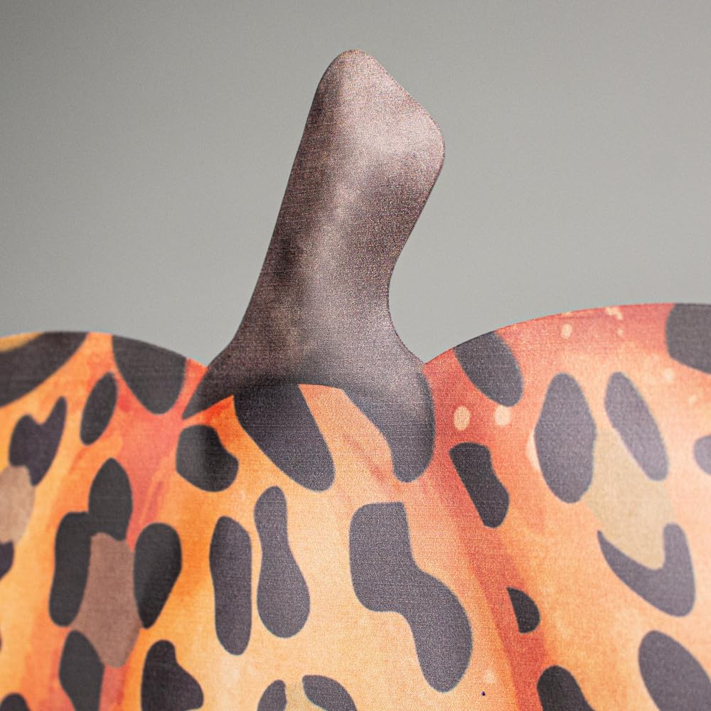 12" Leopard Print Pumpkin Sign, Embossed Metal - Orange, Black, Tan, Brown - for Wreath Accents, Centerpieces, Walls, Crafts, and Decorations - Fall, Halloween, Thanksgiving