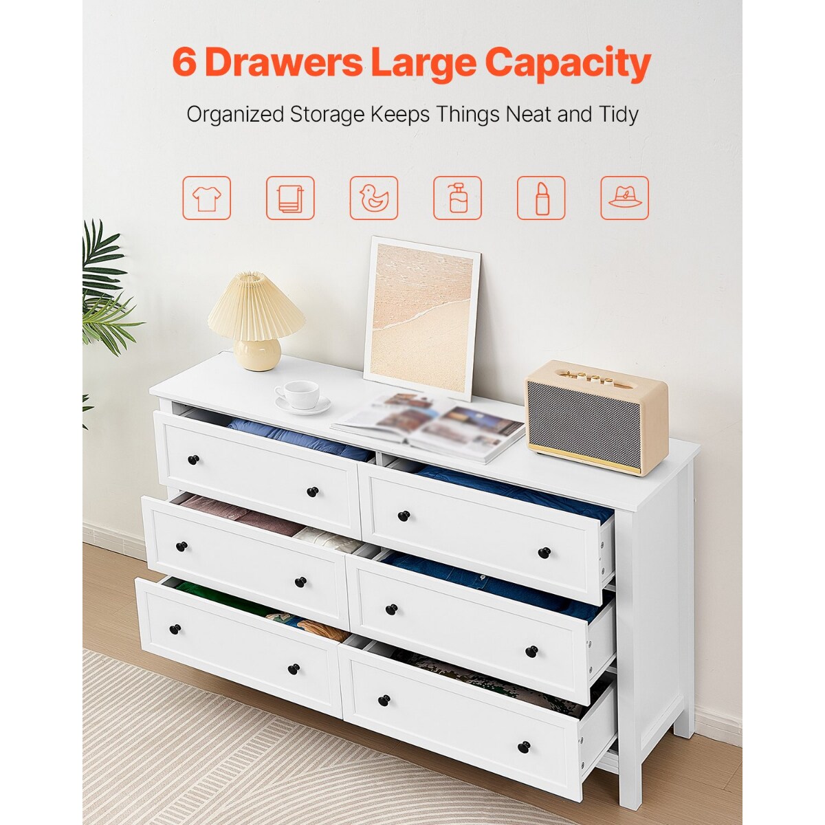 6 Drawer Wooden Dresser White Minimalist Chest for Bedroom Living Room