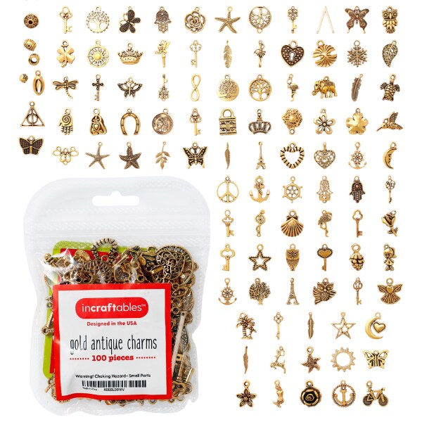 Incraftables 100pcs Gold Charms for Jewelry Making with 15pcs Clasps &#x26; Rings. Best Antique Metal Designer Charm for DIY Bracelets &#x26; Necklaces. Bulk Assorted Charms for Bracelet &#x26; Crafting Supplies