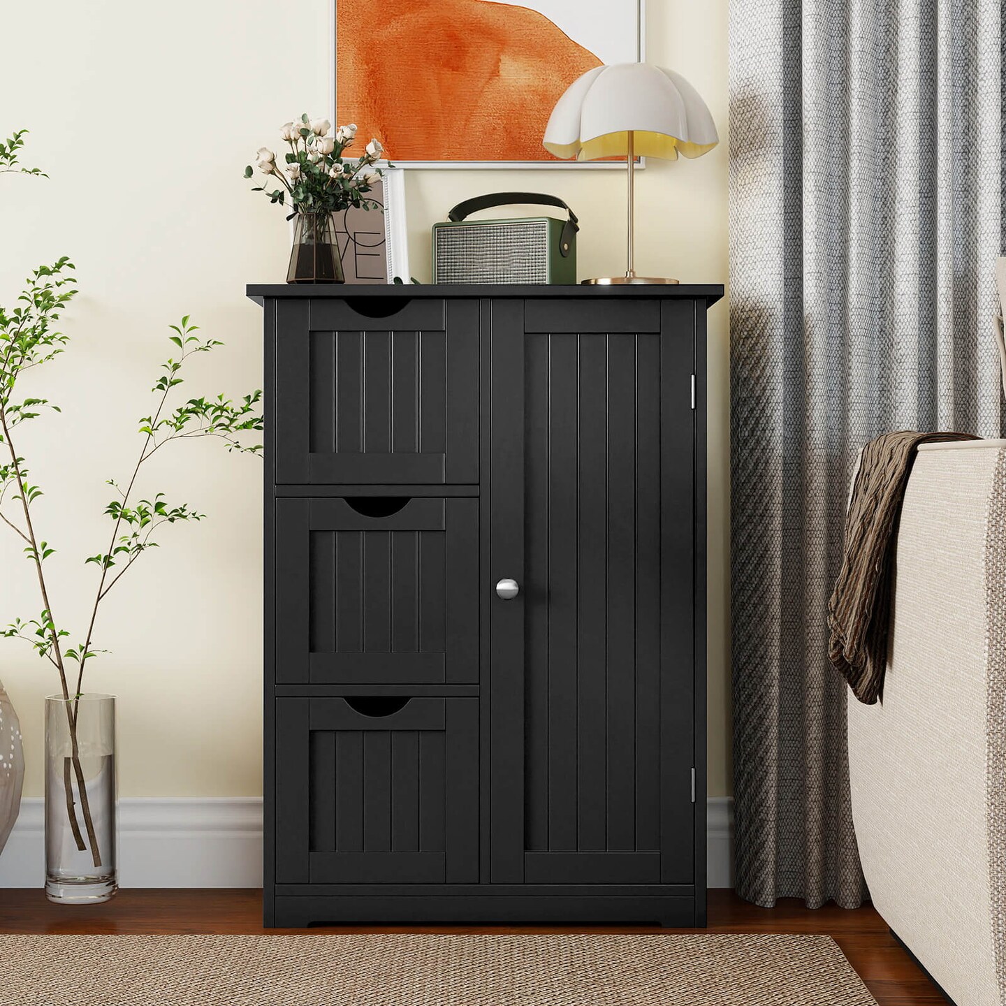 Costway Bathroom Floor Cabinet Side Storage Cabinet with 3 Drawers and 1 Cupboard Grey\ Black