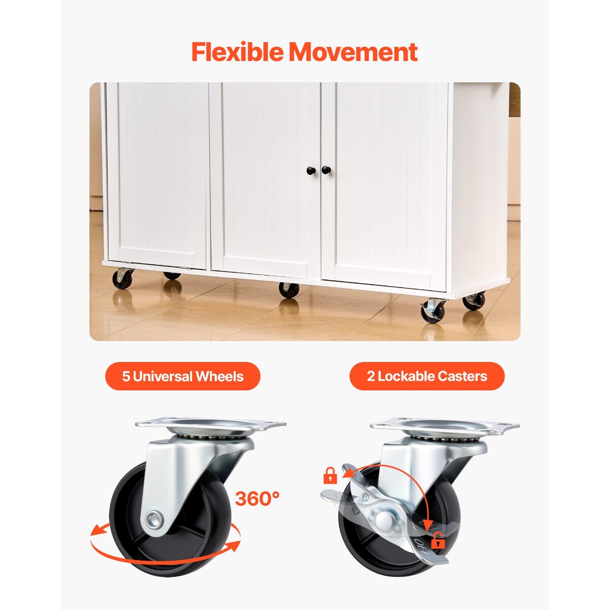 White MDF Kitchen Island with Drop Leaf, Drawers and Lockable Wheels