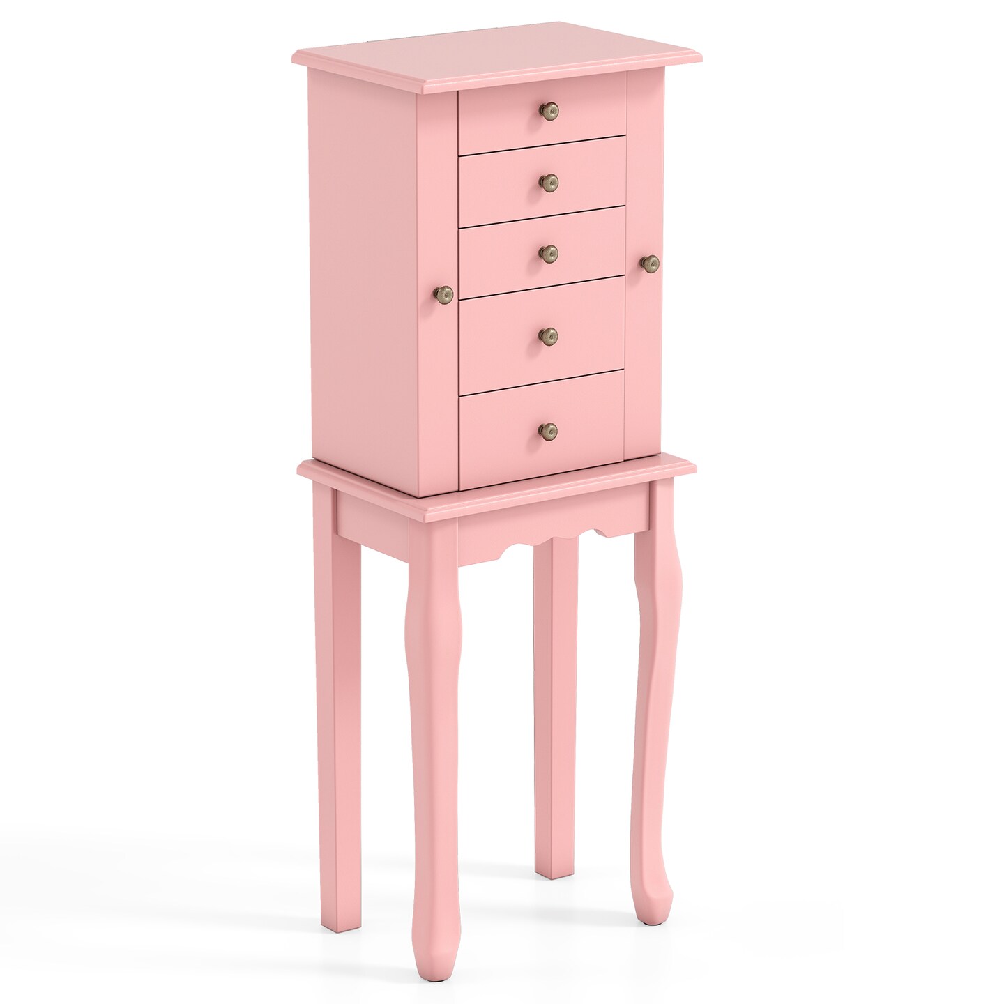 5-Drawer Wooden Jewelry Armoire Cabinet with Mirror & Side Necklace Doors Jewelry Organizer